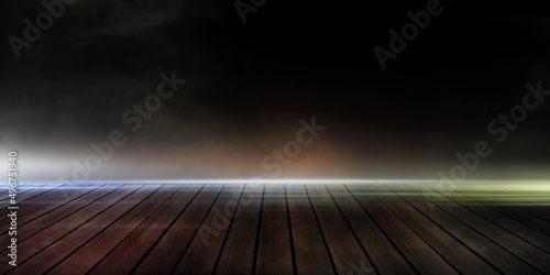 Fototapeta Naklejka Na Ścianę i Meble -  3D Rendering Abstract wood plank light in a dark empty with smoke, Dark background scene.