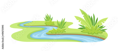 Stream as Body of Surface Water Flowing Among Banks of Channel Vector Illustration