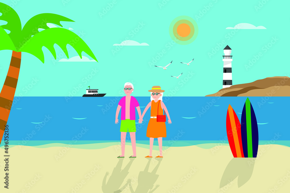 Summer holiday vector concept. Old couple holding hands together while standing on the tropical beach