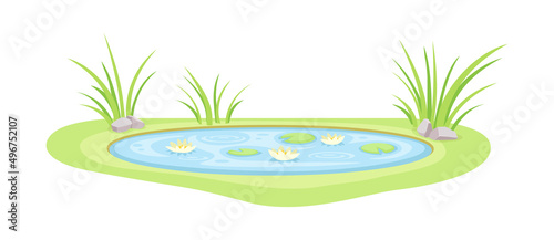 Pond Filled with Natural Water and Green Grassy Bank Vector Illustration