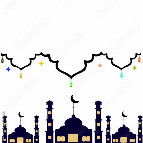 Mosque with Islamic nuances beautifully decorated with lanterns and stars in the sky. Perfect for eid ramadan, ramadan kareem, etc. photo