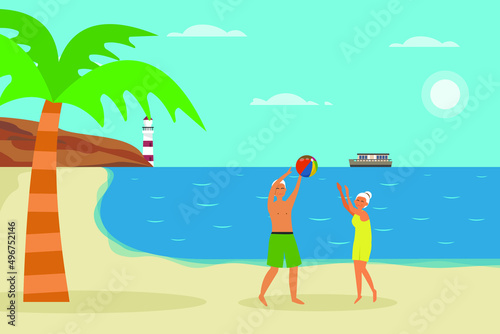 Summer holiday vector concept. Old couple playing volley ball in the beach while enjoying leisure time together