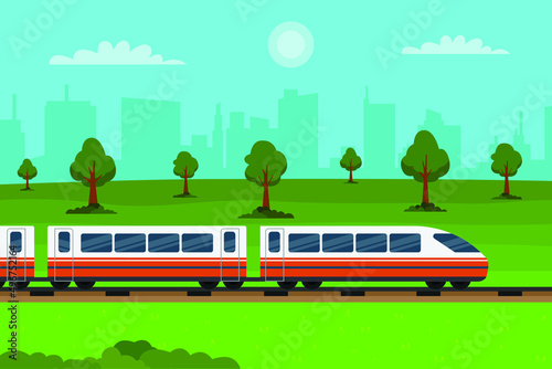 Transportation vector concept. Train moving fast on the railway with cityscape background