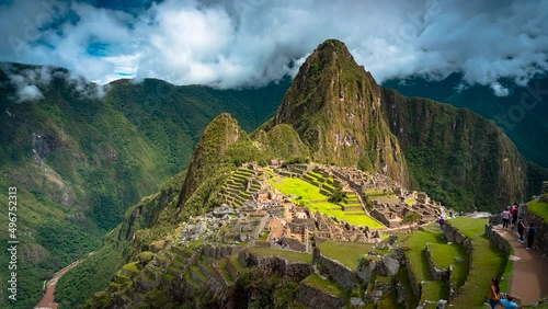 Machu Picchu Peru South America the lost city of Inca not far from Cusco city in the high mountains UNESCO World Heritage site timelapse ancient Inca ruins mysteries of the Inca Empire clouds
