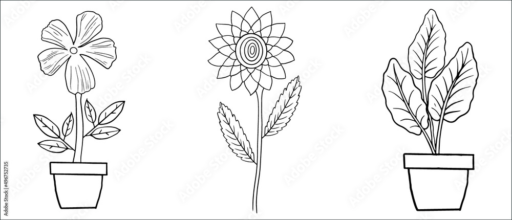 Hand drawn flower coloring page line art vector blank printable design ...