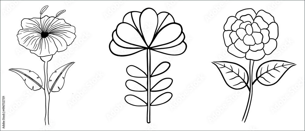 Hand drawn flower coloring page line art vector blank printable design ...