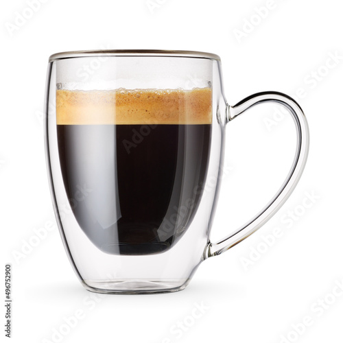 Glass cup of espresso coffee isolated on white.