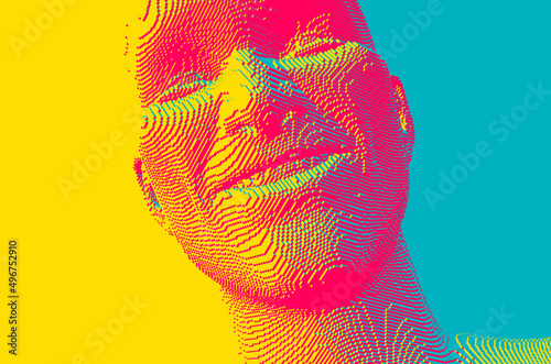 Man laughin. Men being in high spirit. Model of face. People and emotions concept. Voxel art. 3D vector illustration.