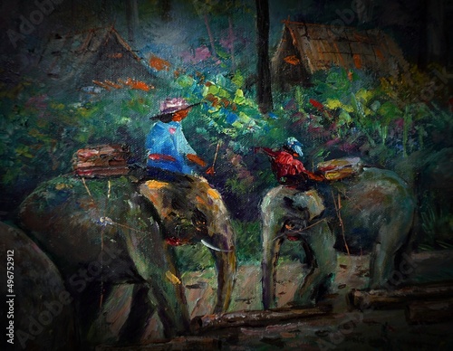 Art painting Oil color Elephant family thailand , nature , Countryside , rural , elephant hauling logs
