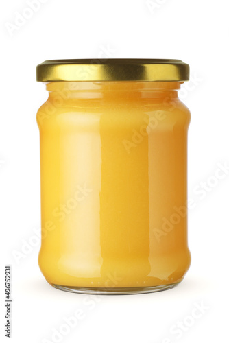 Jar of honey isolated on white background.