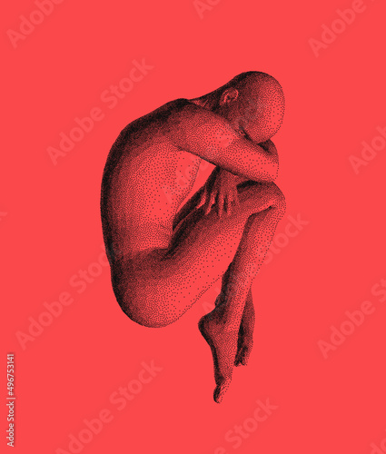 Full length view of sad stressed man sitting with hands on knees. Time for reflection. Man thinks about a problem. Despair, depression, hopelessness or addiction concept. 3D vector illustration.