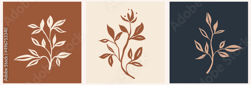 Set vector illustration in simple hand drawn and linocut style - natural print, poster or logo template - nature illustration - natural flowers and ceramics