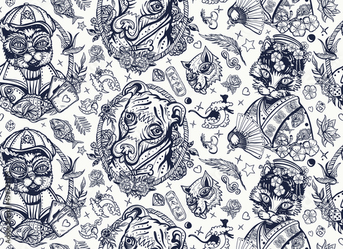 Cats and dogs pattern. Old school tattoo style. Portrait of kitty geisha princess at sailor cat.  Pets art, animals background