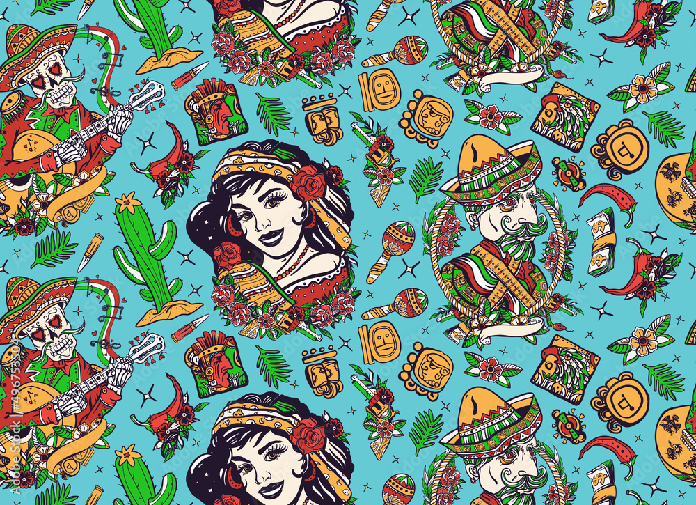 Mexico. Seamless pattern. Traditional tattooing sbackground. Skeleton with guitar, mexican man and woman. National culture and people