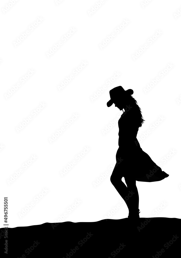 Cowgirl with hat spending time alone. Girl silhouette vector.