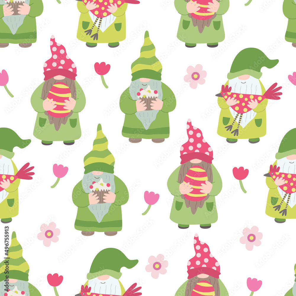 Vector seamless pattern with  funny gnomes. Great for fabric, wrapping papers, spring and Easter design. Hand drawn flat illustration on white background.