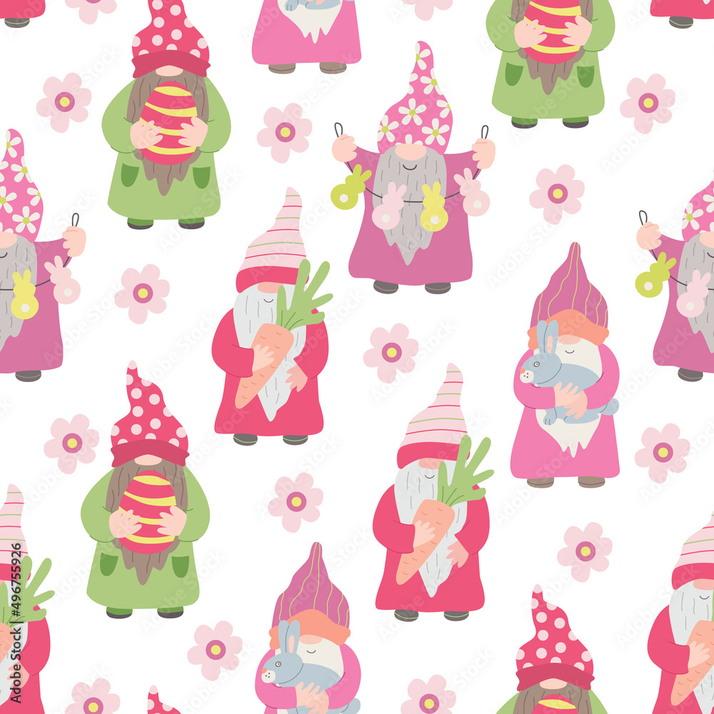 Vector seamless pattern with  funny gnomes and Easter decorations. Great for fabric, wrapping papers, spring design. Hand drawn flat illustration on white background.