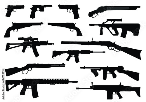Set of various weapons, guns, pistols and rifles isolated on white background. Gun vector collection.