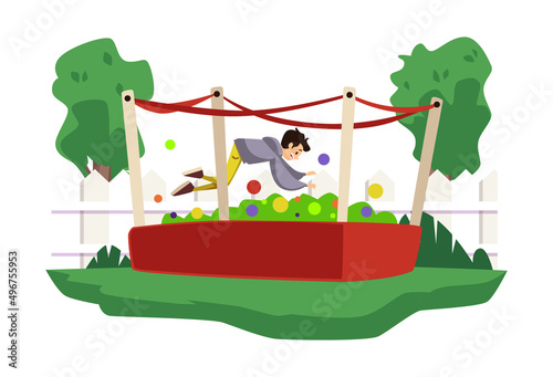 Child or teenger jumping in ball pit or trampoline, flat vector illustration isolated on white background.