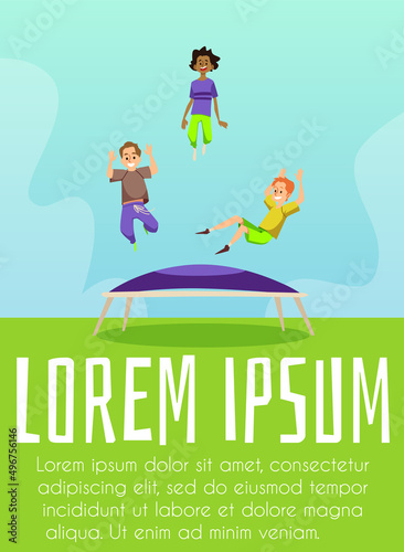 Happy friends jumping together on trampoline, poster template with text, flat vector illustration. © sabelskaya