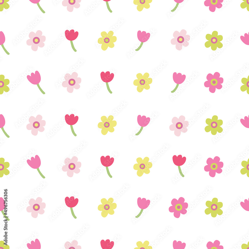 Vector seamless pattern with colorful daisy and tulip flowers. Great for fabric, wrapping papers, Easter design. Hand drawn flat illustration on white background.
