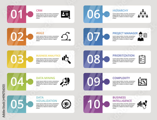 Infographic Business Intelligence icons vector illustration. 10 colored steps info template with editable text.