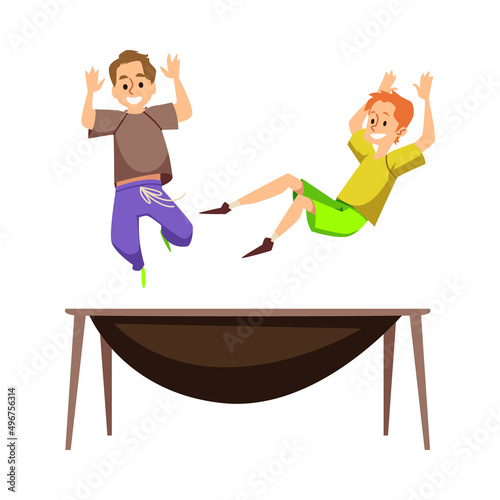 Two boys happily jumping on trampoline, flat vector illustration isolated on white background.