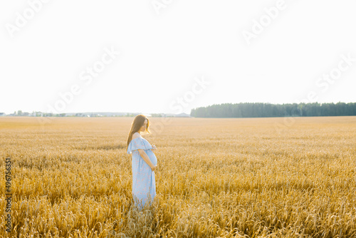 A pregnant woman in a blue dress stands in a field of rye at sunset and holds her hands on her stomach