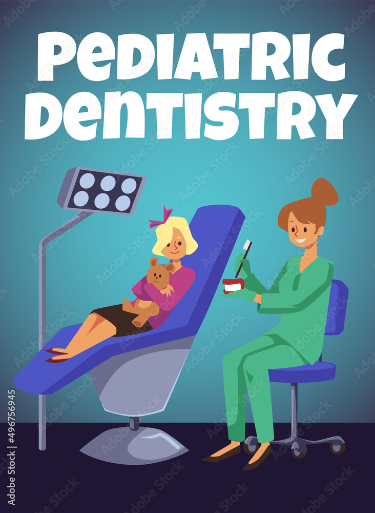 Obraz premium Girl holds teddy bear in dentist chair, pediatric dentistry poster template, flat vector illustration.