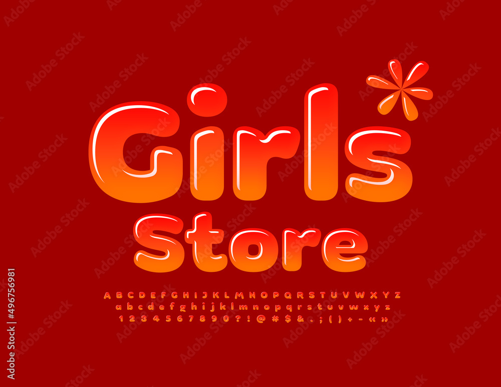 Vector bright advertising Girls Store with Red gradient Font. Shiny Alphabet Letters, Numbers and Symbols set Vector bright advertising Girls Store with Red gradient Font. Shiny Alphabet Letters, Numbers and Symbols set