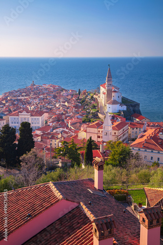 Piran, Slovenia. Aerial cityscape image of beautiful Piran, Slovenia at spring sunset.