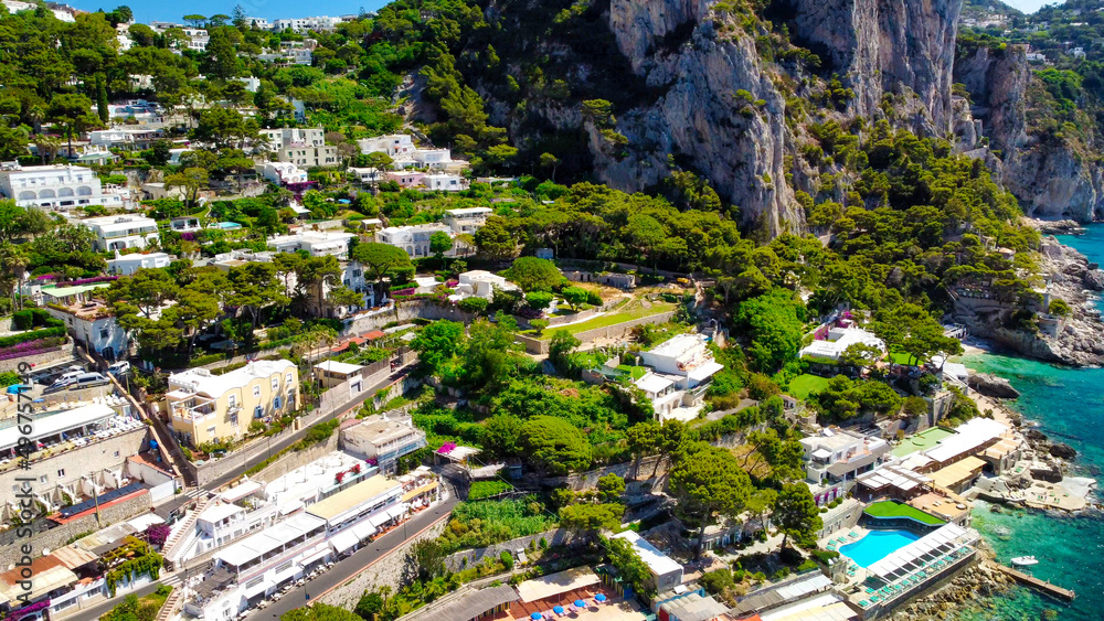 Fototapeta premium Beautiful coastline in Marina Piccola, Capri. Aerial view from drone.