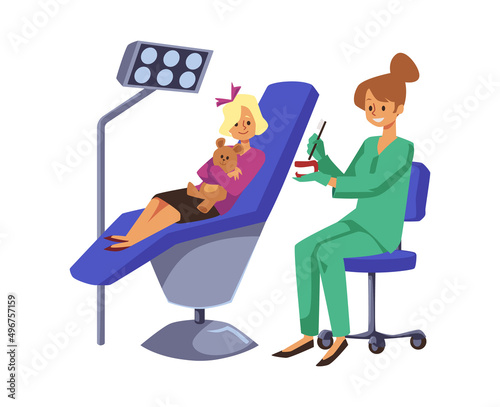 Woman dentist teaches child how to brush teeth correctly, flat vector illustration isolated on white background.