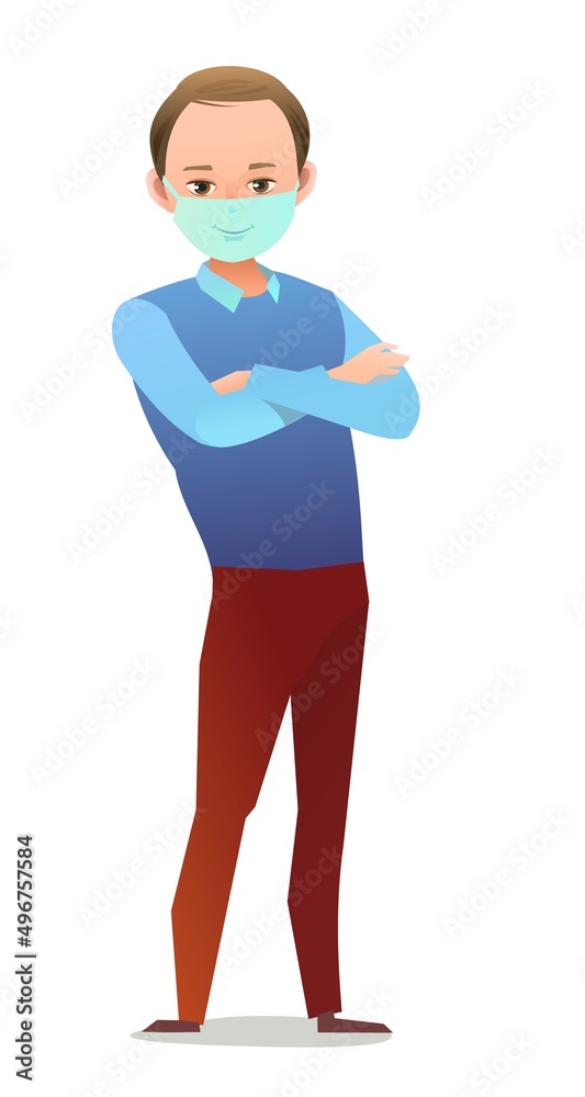 Handsome little boy in mask. Cheerful middle aged teen. Cheerful person. Standing pose. Cartoon comic flat design. Single character. Illustration isolated on white background. Vector