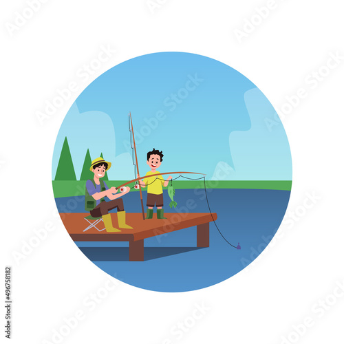 Sticker or badge with family fishing together flat vector illustration isolated.