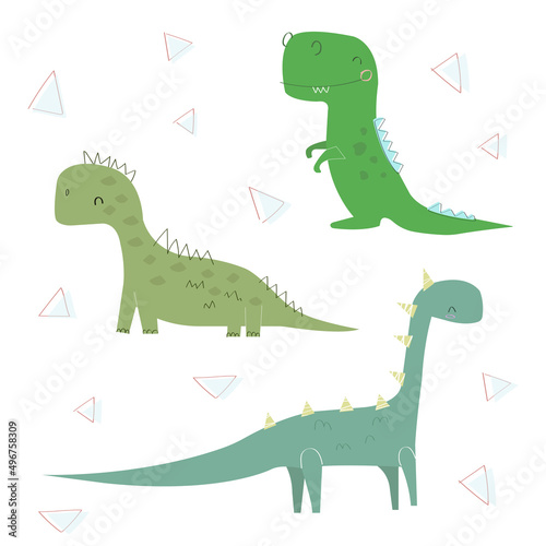 Dino set. Funny cute cartoon dinosaurs. Cute t rex, characters. Hand drawn vector doodle set for kids. Isolated elements on white background.