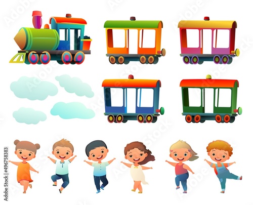 Set of locomotive rides on railroad. Funny kids. Cartoon style illustration. Cute childish. Isolated on white background. Vector