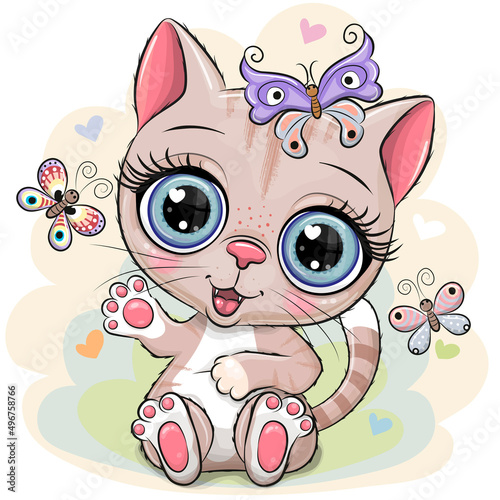 Cartoon Kitten with butterflies