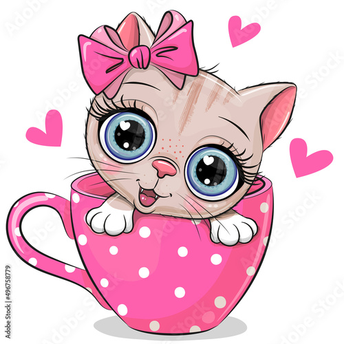 Kitten with a bow is sitting in a Cup of coffee