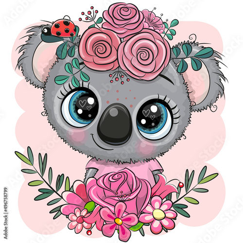 Cartoon Koala girl with flowers
