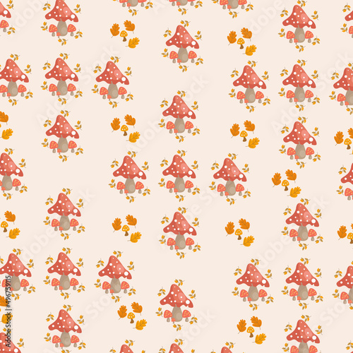 Fly agaric and boletus mushrooms. Seamless vector pattern