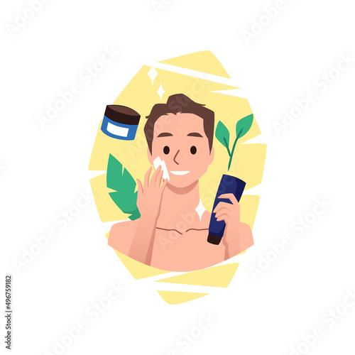 Happy young man using facial cream as part of skincare routine, flat vector illustration isolated on white background.