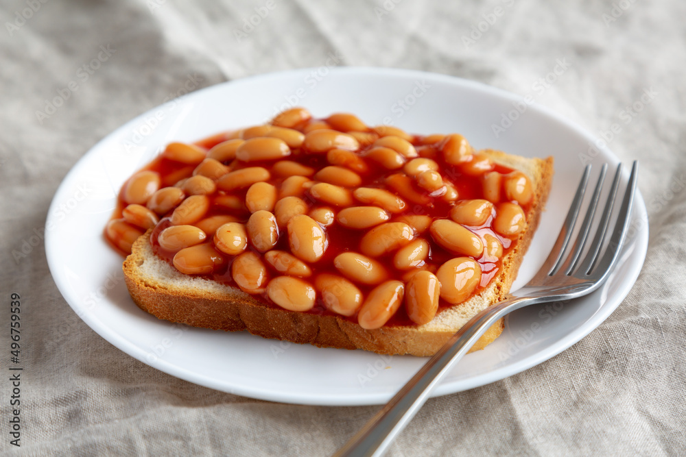 Delicious English Beans on Toast, side view.