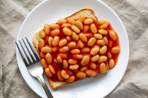 Delicious English Beans on Toast, top view. Flat lay, overhead, from above. Close-up.