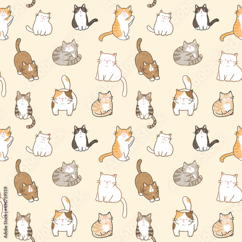Fototapeta Naklejka Na Ścianę i Meble -  Seamless Pattern of Cartoon Cat Character Design on Light Yellow Background
