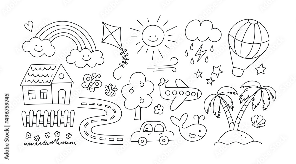 Children drawings set. Kids doodle. Hand drawn road with car and cute house. Sand island and palm trees. Smiling sun, cloud and rainbow. Editable stroke. Vector illustration on white background.