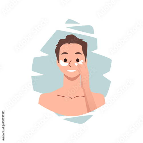 Handsome young man with moisturizing eye mask on his face in flat vector