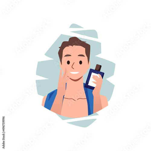 Young handsome man applies aftershave moisturizer lotion on his face in flat