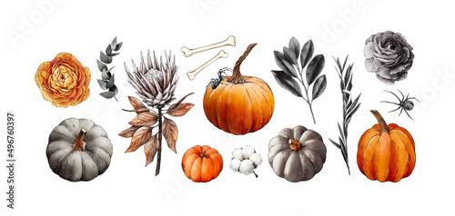 Watercolor Halloween elements. Pumpkins, bones, black and white flowers and leaves, protea, spider. Stylish Halloween clipart template for invitation, poster, postcard 
