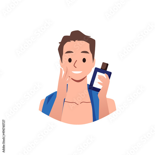 Well-groomed man with bottle of lotion or cream vector illustration isolated.